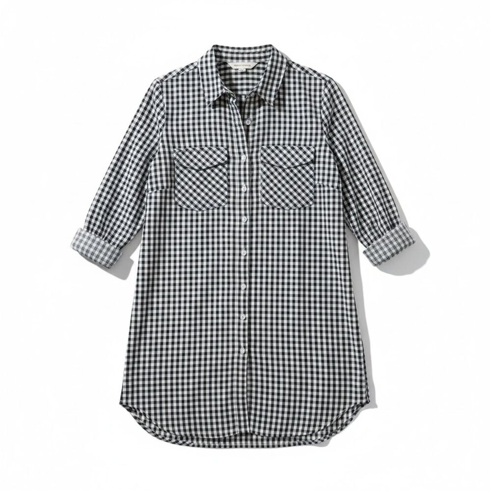 Emily Daniels Button Down Tunic Top TOP 1X Gingham Navy/White classic tab sleeve